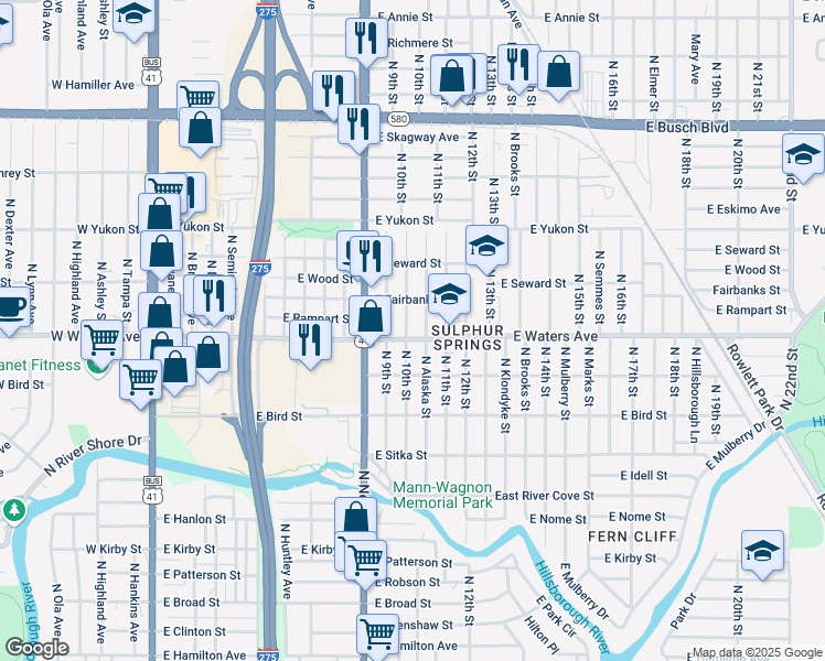 map of restaurants, bars, coffee shops, grocery stores, and more near 8412 North Alaska Street in Tampa
