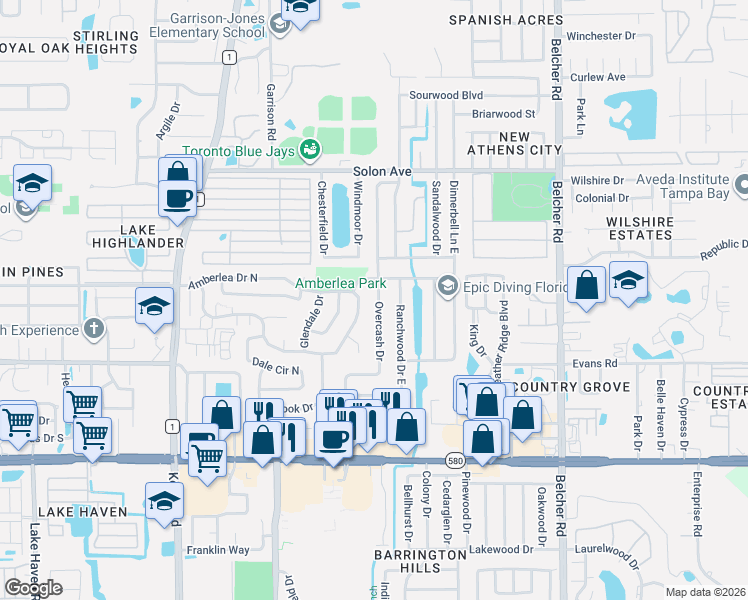 map of restaurants, bars, coffee shops, grocery stores, and more near 1318 Overcash Drive in Dunedin