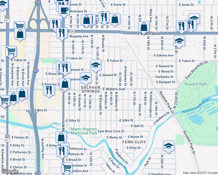 map of restaurants, bars, coffee shops, grocery stores, and more near 8408 North Mulberry Street in Tampa