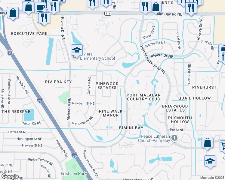 map of restaurants, bars, coffee shops, grocery stores, and more near 1118 Morgan Circle Northeast in Palm Bay