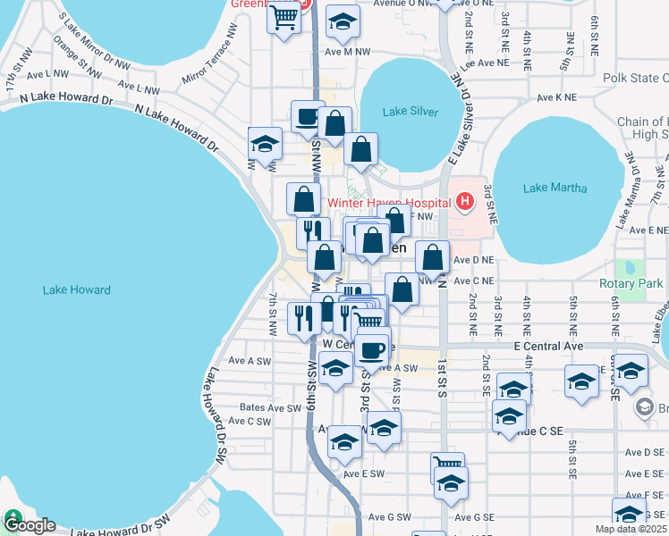map of restaurants, bars, coffee shops, grocery stores, and more near 400 6th Street Northwest in Winter Haven