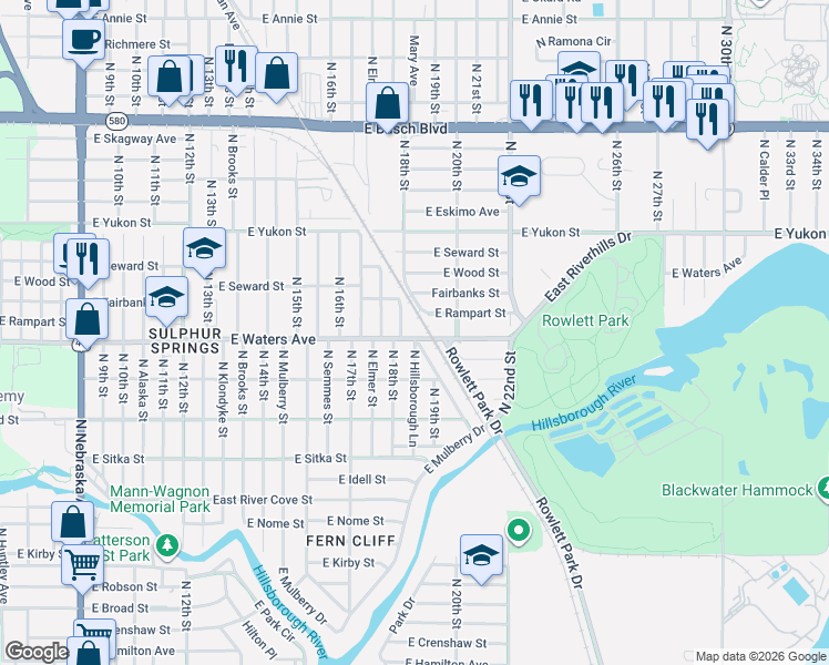 map of restaurants, bars, coffee shops, grocery stores, and more near 8403 North 18th Street in Tampa