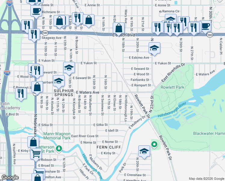 map of restaurants, bars, coffee shops, grocery stores, and more near 1702 East Waters Avenue in Tampa