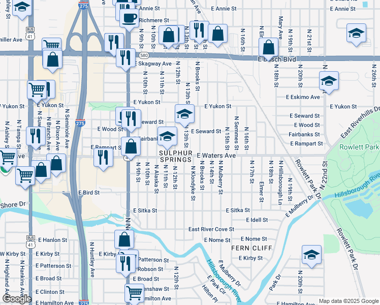 map of restaurants, bars, coffee shops, grocery stores, and more near 1302 East Waters Avenue in Tampa