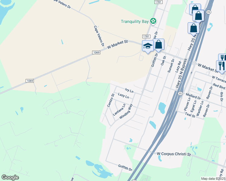 map of restaurants, bars, coffee shops, grocery stores, and more near 107 Cenizo Street in Rockport