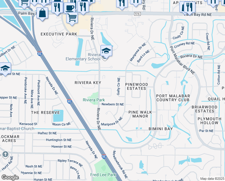 map of restaurants, bars, coffee shops, grocery stores, and more near 451 Riviera Drive Northeast in Palm Bay