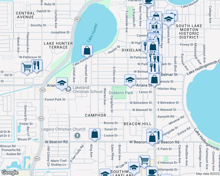 map of restaurants, bars, coffee shops, grocery stores, and more near 1409 Camphor Drive in Lakeland