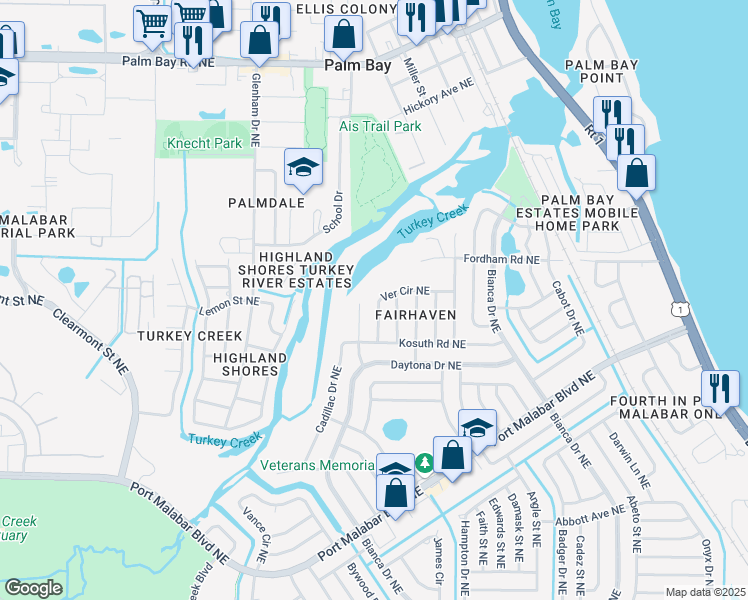 map of restaurants, bars, coffee shops, grocery stores, and more near 1140 Ver Circle Northeast in Palm Bay