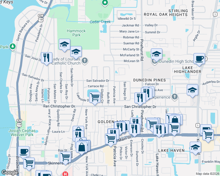 map of restaurants, bars, coffee shops, grocery stores, and more near 1550 Patricia Avenue in Dunedin