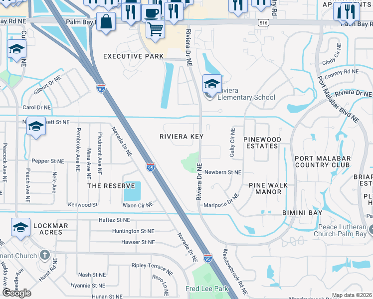 map of restaurants, bars, coffee shops, grocery stores, and more near 937 Tavernier Circle Northeast in Palm Bay