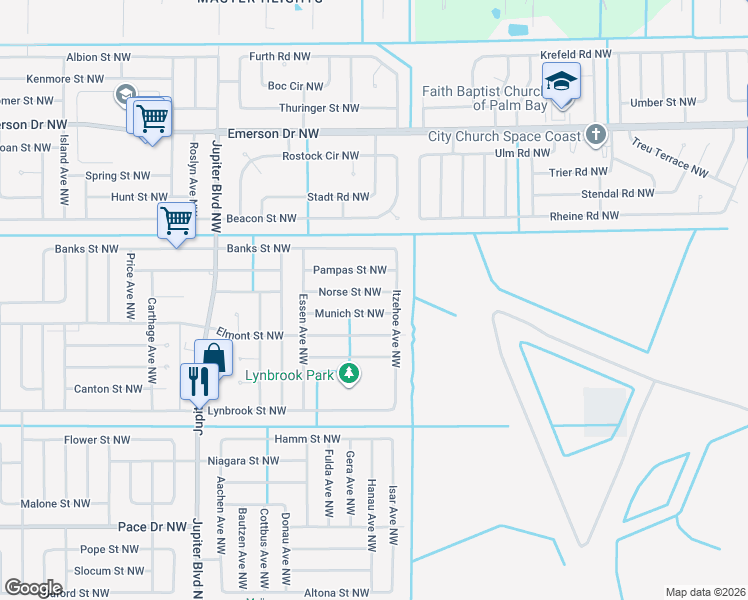 map of restaurants, bars, coffee shops, grocery stores, and more near 659 Norse Street Northwest in Palm Bay