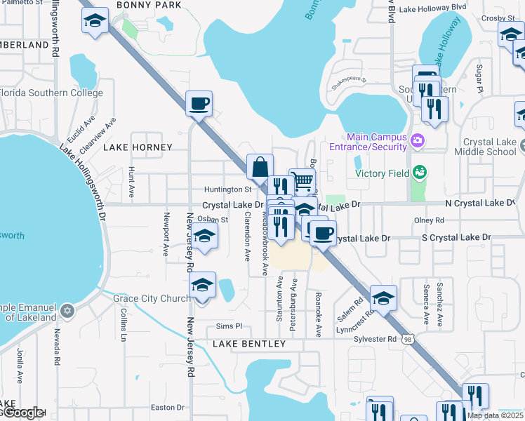 map of restaurants, bars, coffee shops, grocery stores, and more near 1746-1756 Crystal Lake Drive in Lakeland