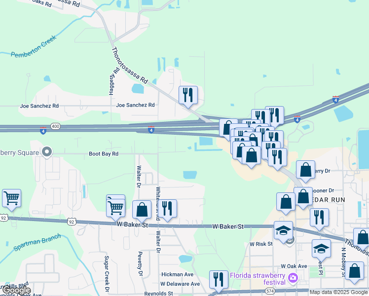 map of restaurants, bars, coffee shops, grocery stores, and more near 1308 Bonnie Road in Plant City