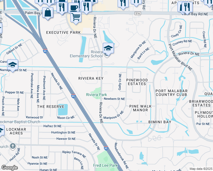 map of restaurants, bars, coffee shops, grocery stores, and more near 1026 Dania Circle in Palm Bay