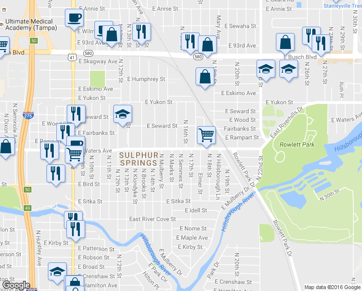 map of restaurants, bars, coffee shops, grocery stores, and more near 8410 North 16th Street in Tampa