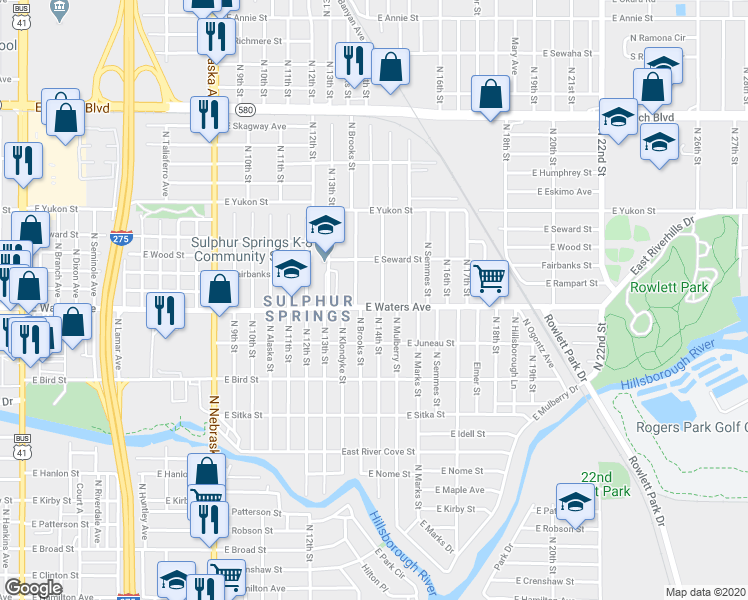 map of restaurants, bars, coffee shops, grocery stores, and more near 8408 North Mulberry Street in Tampa