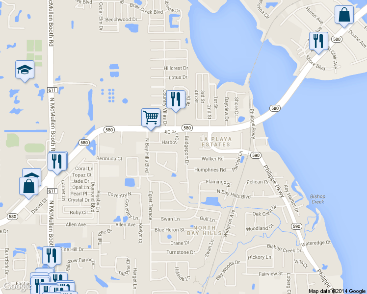 map of restaurants, bars, coffee shops, grocery stores, and more near 525 Harbor Grove Circle in Safety Harbor