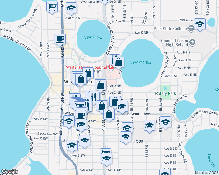 map of restaurants, bars, coffee shops, grocery stores, and more near 116 Avenue D Northeast in Winter Haven