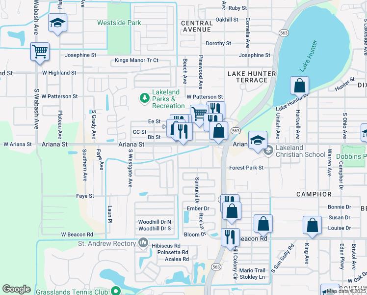 map of restaurants, bars, coffee shops, grocery stores, and more near 1394 Ariana Street in Lakeland