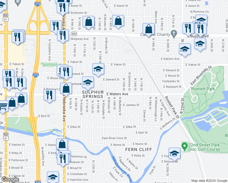 map of restaurants, bars, coffee shops, grocery stores, and more near 8404 North Mulberry Street in Tampa