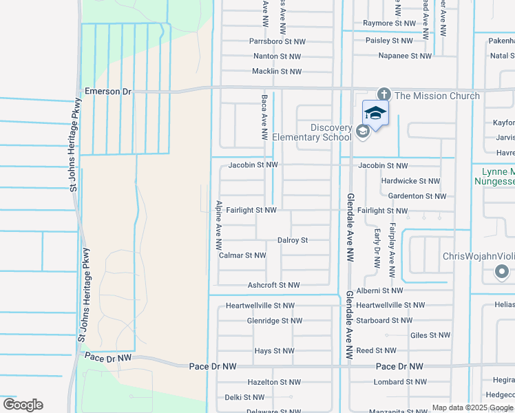map of restaurants, bars, coffee shops, grocery stores, and more near 1815 Fairlight Street Northwest in Palm Bay