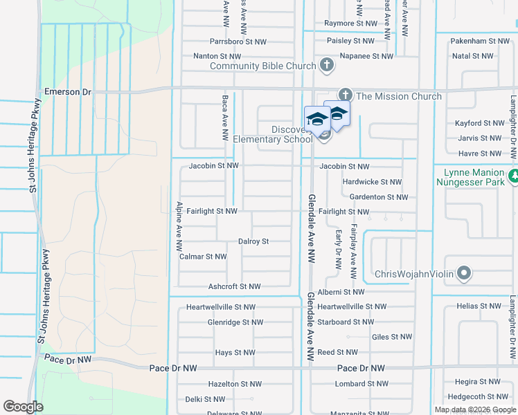 map of restaurants, bars, coffee shops, grocery stores, and more near 1761 Fairlight Street Northwest in Palm Bay
