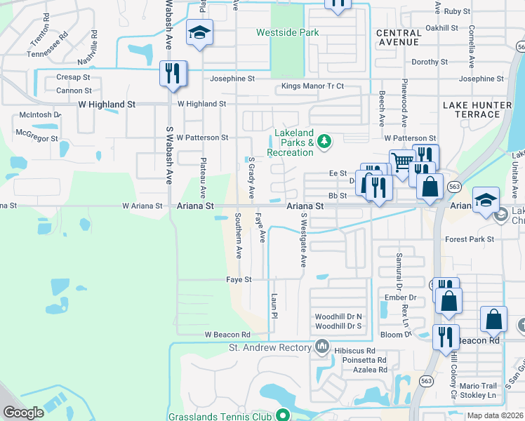 map of restaurants, bars, coffee shops, grocery stores, and more near 1650 Ariana Street in Lakeland