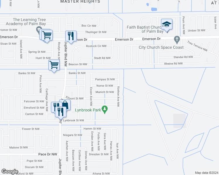 map of restaurants, bars, coffee shops, grocery stores, and more near 658 Norse Street Northwest in Palm Bay