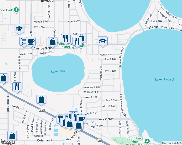 map of restaurants, bars, coffee shops, grocery stores, and more near 302 East Lake Deer Drive in Winter Haven