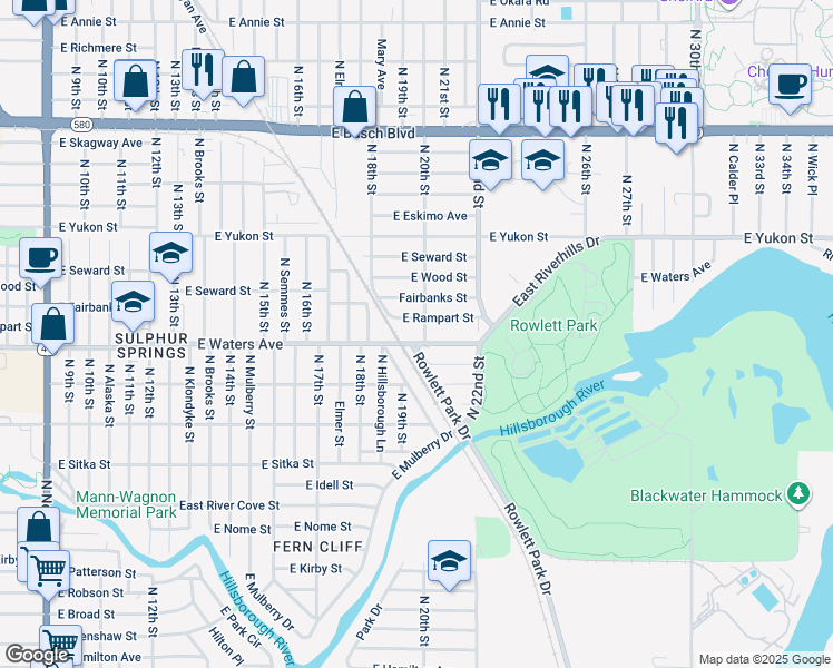 map of restaurants, bars, coffee shops, grocery stores, and more near 1912 East Waters Avenue in Tampa