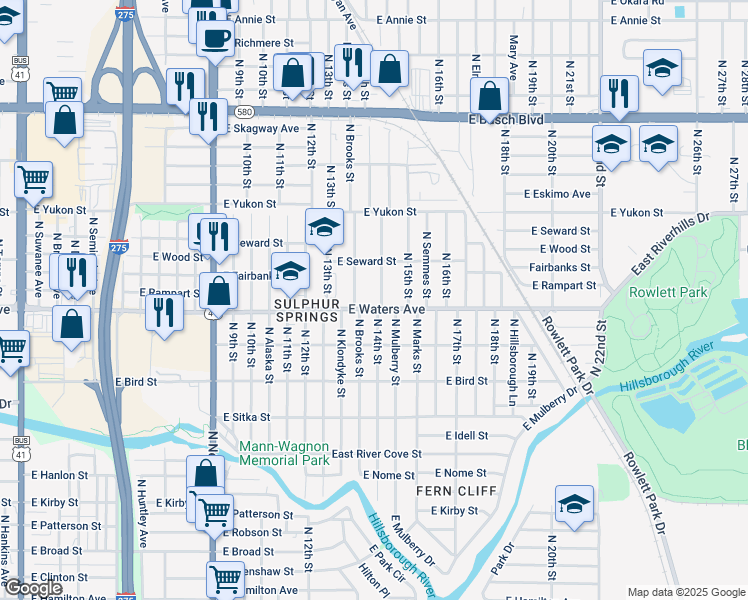 map of restaurants, bars, coffee shops, grocery stores, and more near 8408 North Mulberry Street in Tampa
