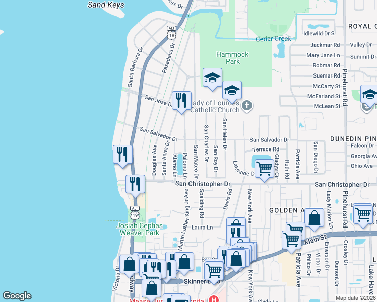 map of restaurants, bars, coffee shops, grocery stores, and more near 1539 Paloma Lane in Dunedin