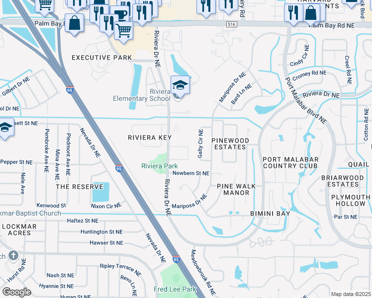map of restaurants, bars, coffee shops, grocery stores, and more near 451 Riviera Drive Northeast in Palm Bay