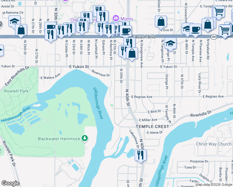 map of restaurants, bars, coffee shops, grocery stores, and more near 8405 North 37th Street in Tampa