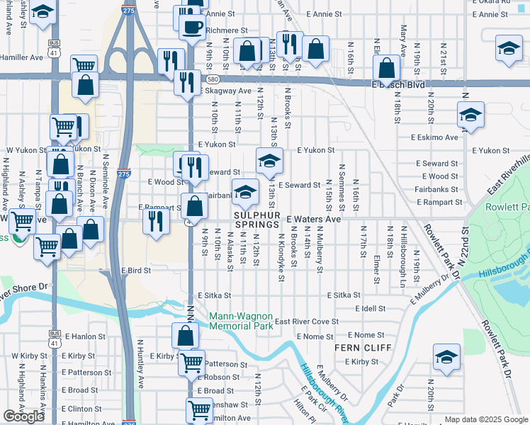 map of restaurants, bars, coffee shops, grocery stores, and more near 8458 North 12th Street in Tampa
