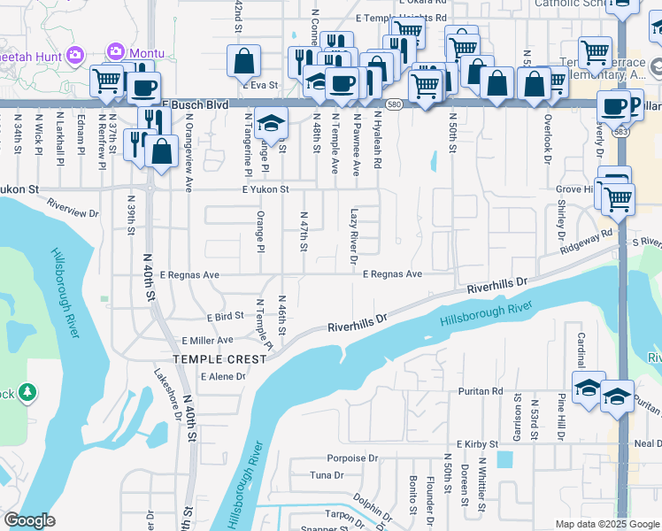 map of restaurants, bars, coffee shops, grocery stores, and more near 8409 Barrett Place in Tampa