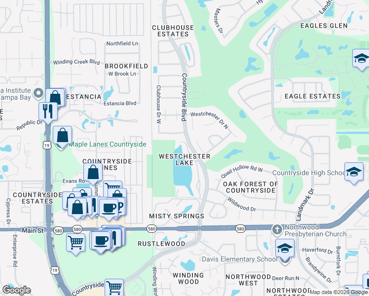 map of restaurants, bars, coffee shops, grocery stores, and more near 2836 Countryside Boulevard in Clearwater