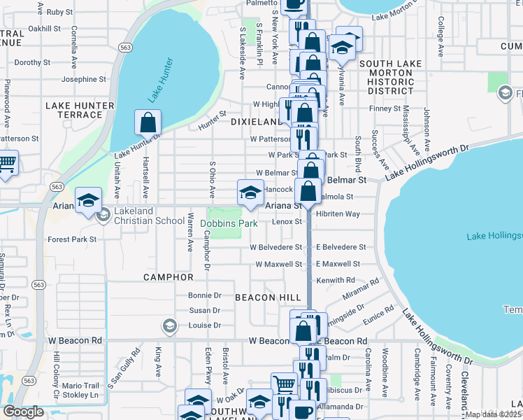 map of restaurants, bars, coffee shops, grocery stores, and more near 322 Ariana Street in Lakeland