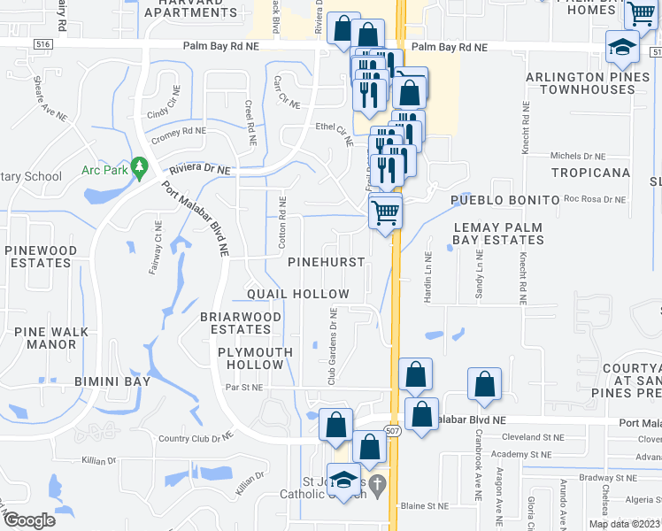 map of restaurants, bars, coffee shops, grocery stores, and more near 3813 Tree Ridge Lane Northeast in Palm Bay