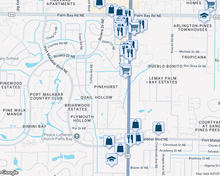 map of restaurants, bars, coffee shops, grocery stores, and more near 3811 Tree Ridge Lane Northeast in Palm Bay