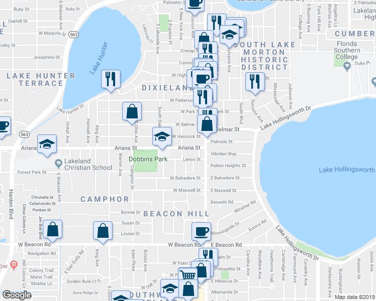 map of restaurants, bars, coffee shops, grocery stores, and more near 207 Ariana Street in Lakeland