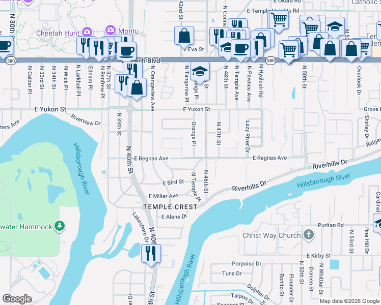 map of restaurants, bars, coffee shops, grocery stores, and more near 8407 North Tangerine Place in Tampa