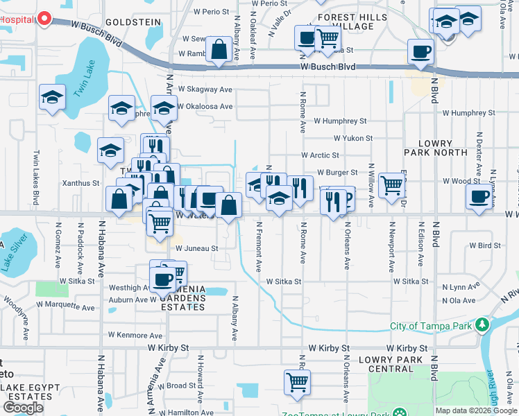 map of restaurants, bars, coffee shops, grocery stores, and more near 1901 West Waters Avenue in Tampa