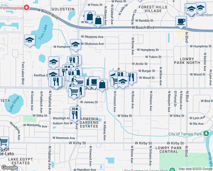 map of restaurants, bars, coffee shops, grocery stores, and more near 2104 West 2 Lakes Road in Tampa