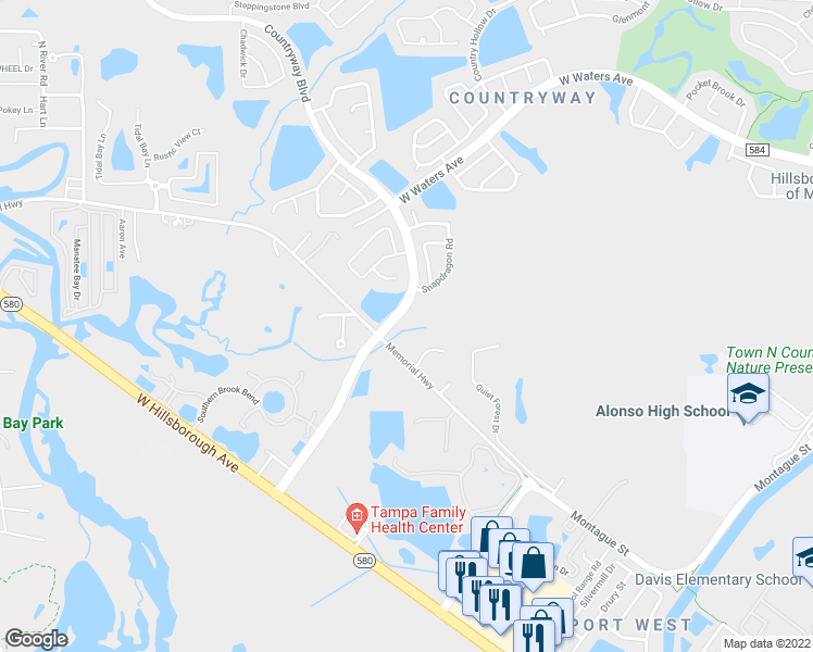 map of restaurants, bars, coffee shops, grocery stores, and more near Countryway Boulevard in Tampa