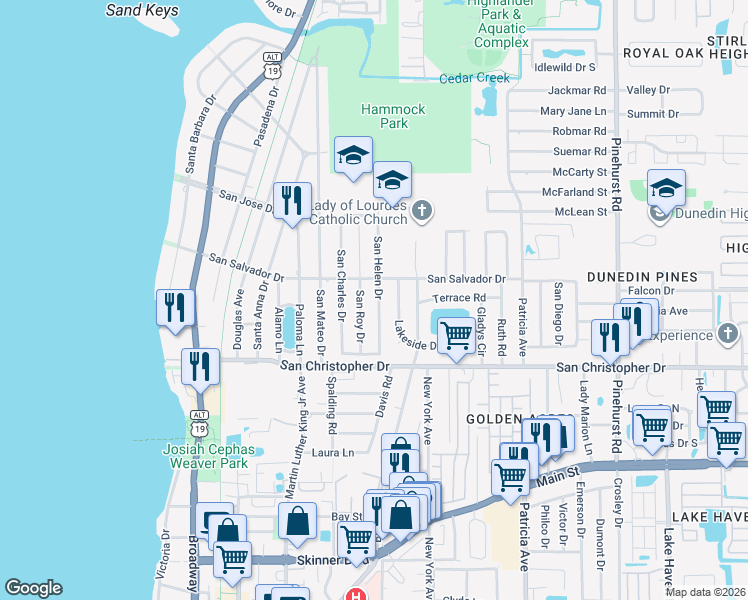 map of restaurants, bars, coffee shops, grocery stores, and more near 1550 San Helen Drive in Dunedin