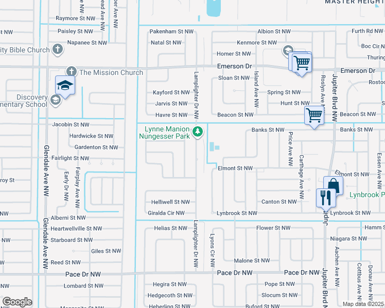 map of restaurants, bars, coffee shops, grocery stores, and more near 1116 Lamplighter Drive Northwest in Palm Bay
