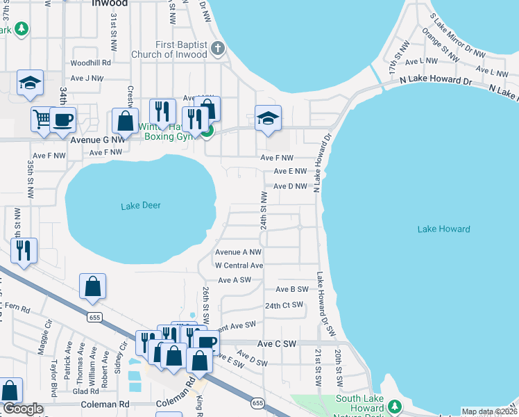 map of restaurants, bars, coffee shops, grocery stores, and more near 2401 Avenue C Northwest in Winter Haven
