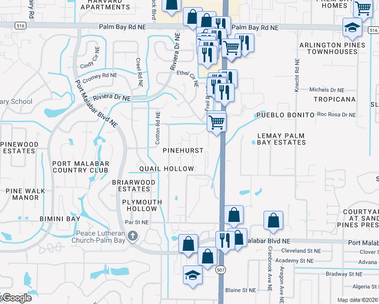 map of restaurants, bars, coffee shops, grocery stores, and more near 3811 Tree Ridge Lane Northeast in Palm Bay