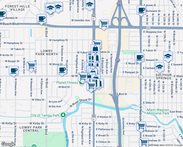 map of restaurants, bars, coffee shops, grocery stores, and more near 8410 North Florida Avenue in Tampa
